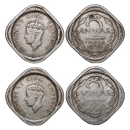 George VI, Copper-Nickel, 2 Annas, (2 coins), 1939, Head Type II, 1) Bombay Mint, Dots by 