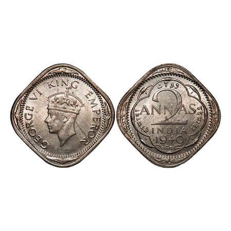 George VI, Copper-Nickel, 2 Annas, 1940, Bombay Mint, Head Type II, Dots by year. GK 1353.