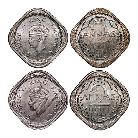 George VI, Copper-Nickel, 2 Annas, (2 coins), 1941, Head Type II, 1) Bombay Mint, Dots by 