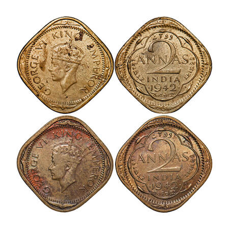 George VI, Brass-Nickel, 2 Annas, 1942, (2 coins), Bombay Mint, Head Type II, Dots by year