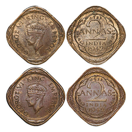 George VI, Nickel-Brass, 2 Annas, (2 coins), 1942, Bombay Mint, Head Type II, Dots by year