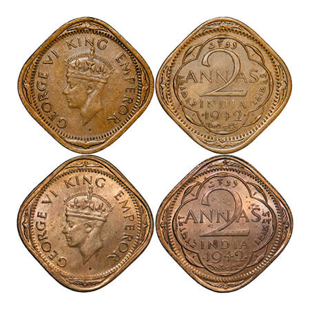 George VI, Brass-Nickel, 2 Annas, 1942, (2 coins), Bombay Mint, Head Type II, Dots by year