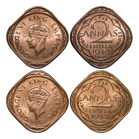 George VI, Nickel-Brass, 2 Annas, (2 coins), Bombay Mint, Head Type II, Dots by year, Diam