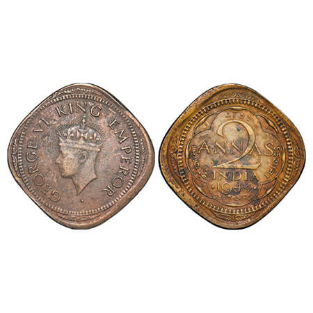 George VI, Nickel-Brass, 2 Annas, 1944, Bombay Mint, Head Type II, Dots by year, 10% Die s