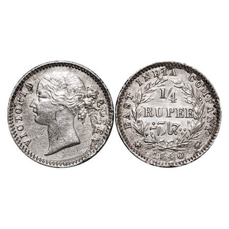 Victoria Queen, Silver, 1/4 Rupee, 1840, DL, Madras Mint, W.W. 'B' raised, Cross bar of nu