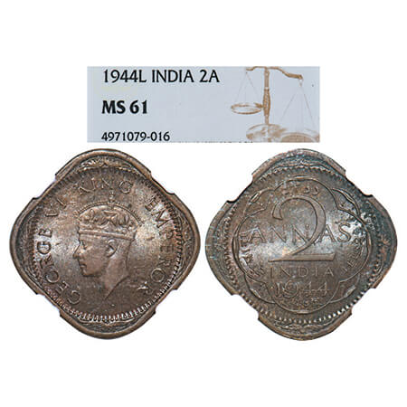 George VI, Nickel-Brass, 2 Annas, 1944, Lahore Mint, Head Type II, No dots by year, 'L' ra
