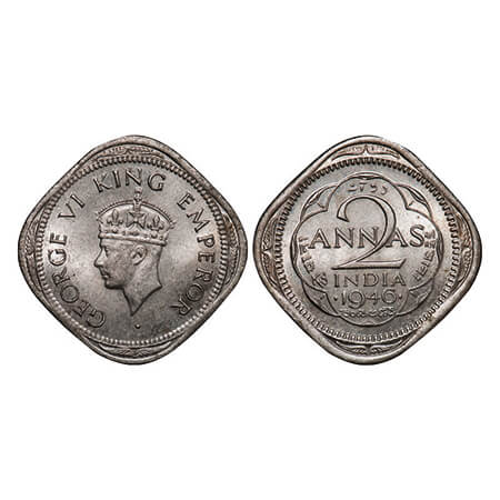 George VI, Copper-Nickel, 2 Annas, 1946, Bombay Mint, Head Type II, Dots by year, Diamond 