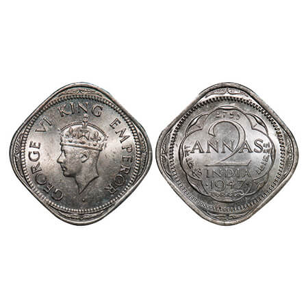 George VI, Copper-Nickel, 2 Annas, 1947, Bombay Mint, Head Type II, Dots by year, Small do