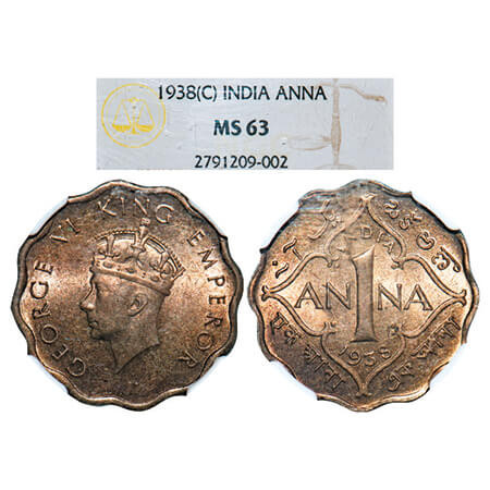 George VI, Copper-Nickel, 1 Anna, 1938, Calcutta Mint, Head Type I, No dot. GK 1378. NGC S