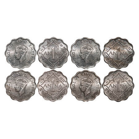 George VI, Copper-Nickel, 1 Anna, 1940, (4 coins), Calcutta Mint, Head Type II, No dot. GK