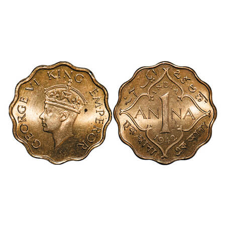 George VI, Nickel-Brass, 1 Anna, 1942, Calcutta Mint, No dot, Head Type II. GK 1389. Mint 