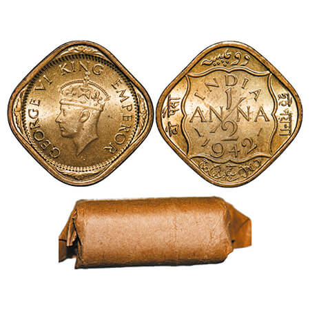 George VI, Nickel-Brass, 1/2 Anna, 1942, Bombay Mint, No dots by India, Dashes by year. 24
