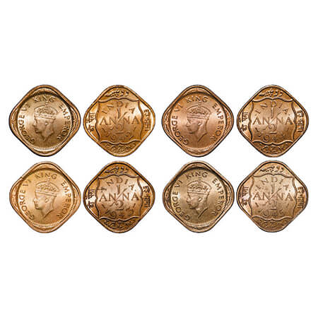 George VI, Nickel-Brass, 1/2 Anna, (4 coins), 1) 1942, Bombay Mint, No dots by India, Dash