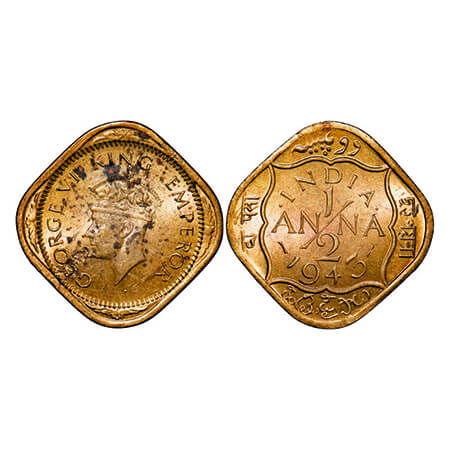 George VI, Nickel-Brass, 1/2 Anna, 1943, Calcutta Mint, Dots by India, Dashes by year, Pla