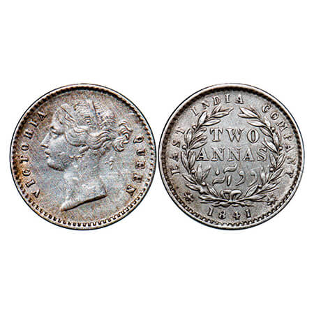 Victoria Queen, Silver, 2 Annas, 1841, DL, (15.32 mm), Calcutta Mint, W.W. raised, Wreath 