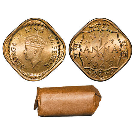 George VI, Nickel-Brass, 1/2 Anna, 1943, Calcutta Mint, Dots by India, Dashes by year, 24 
