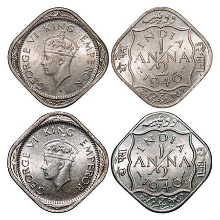 George VI, Copper-Nickel, 1/2 Anna, (2 coins), 1946, 1) Bombay Mint, Dots by India, Dash-D