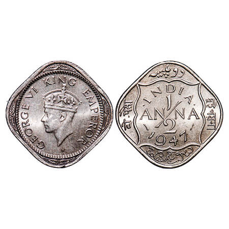 George VI, Copper-Nickel, 1/2 Anna, 1947, Bombay Mint, dots by India, Dashes by year, Tiny
