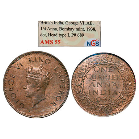George VI, Bronze, Quarter Anna, 1938, Bombay Mint, Dot, Head Type I, Dots by One, Small y