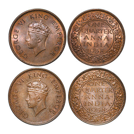 George VI, Bronze, Quarter Anna, (2 coins), 1938, 1) Bombay Mint, Head Type I, Dot, Dots b