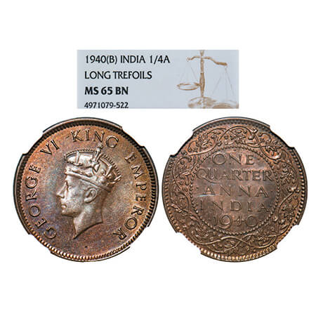 George VI, Copper, Quarter Anna, 1940, Bombay Mint, Head Type I, Dot. GK 1425. NGC Slabbed