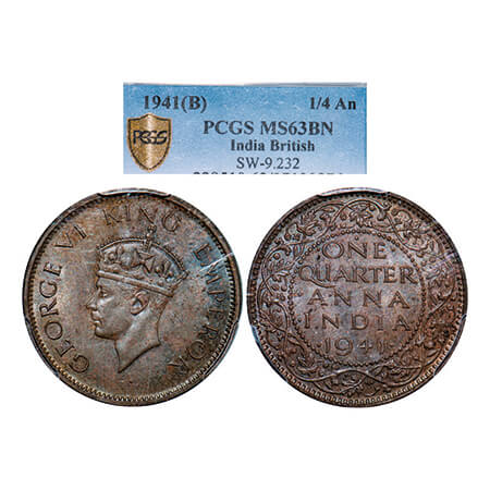 George VI, Bronze, Quarter Anna, 1941, Bombay Mint, Head Type II, Dot. GK 1428. PCGS Slabb