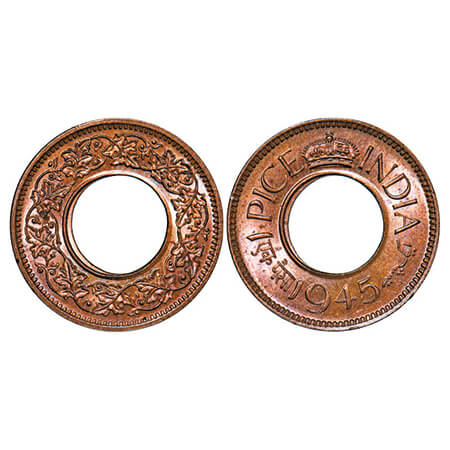 George VI, Bronze, Pice, 1945, Calcutta Mint, Flat Crown, No mint mark, Die doubling of Ur