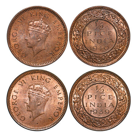 George VI, Bronze, 1/2 Pice, ( 2 coins), 1) 1939, Bombay Mint, Head Type I, Dot, 2) 1940, 