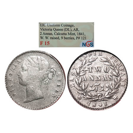 Victoria Queen, Silver, 2 Annas, 1841, DL, Calcutta Mint, W.W. raised, Wreath with 9 Berri