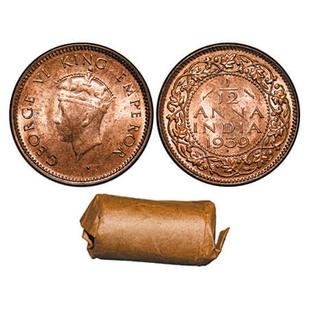 George VI, Bronze, 1/12 Anna, 1939, Bombay Mint, Head Type I, Dot. 24 Uncirculated coins i
