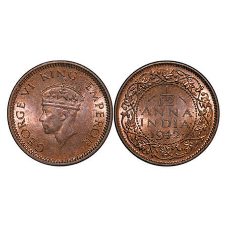 George VI, Bronze, 1/12 Anna, 1942, Bombay Mint, Head Type II, Dots by year. GK 1458. Unci