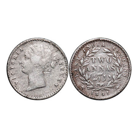 Victoria Queen, Silver, 2 Annas, 1841, DL, Calcutta Mint, W.W. raised, Wreath with 9 Berri