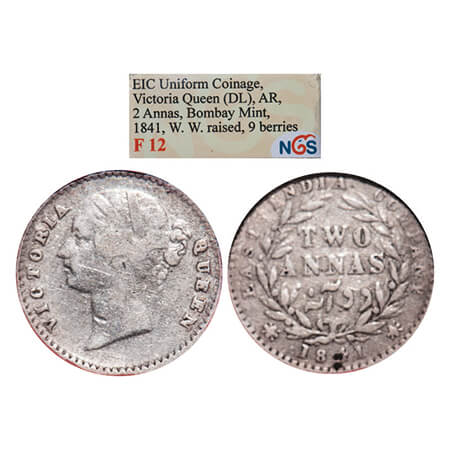Victoria Queen, Silver, 2 Annas, 1841, DL, Bombay Mint, W.W. raised, Wreath with 19 Berrie