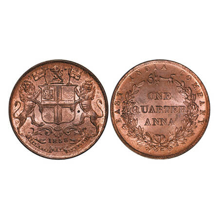 Victoria Queen, Copper, Quarter Anna, 1858, J. Watt & Co. Birmingham Mint, Single leaf, Ye
