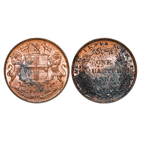 Victoria Queen, Copper, Quarter Anna, 1858, (25.54mm), J. Watt & Co. Birmingham Mint, Sing
