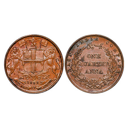 Victoria Queen, Copper, Quarter Anna, 1858, (25.54mm), J. Watt & Co. Birmingham Mint, Sing