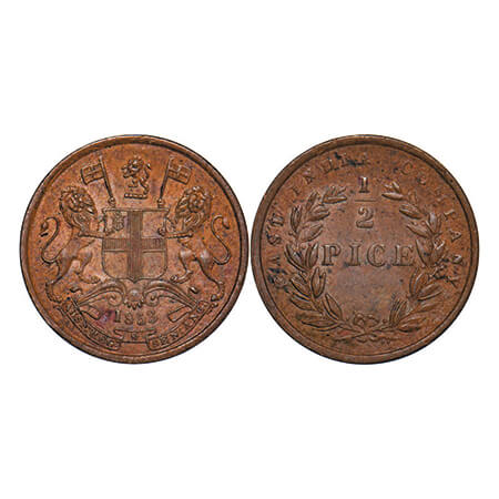 Victoria Queen, Copper, 1/2 Pice, 1853, Calcutta Mint, B/I. GK 235. Extremely Fine+. Scarc