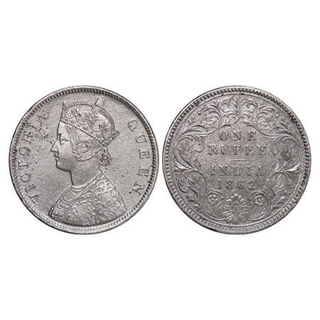 Victoria Queen, Silver, Rupee, 1862, Calcutta Mint, B/III, Embroidery in high relief. GK 2