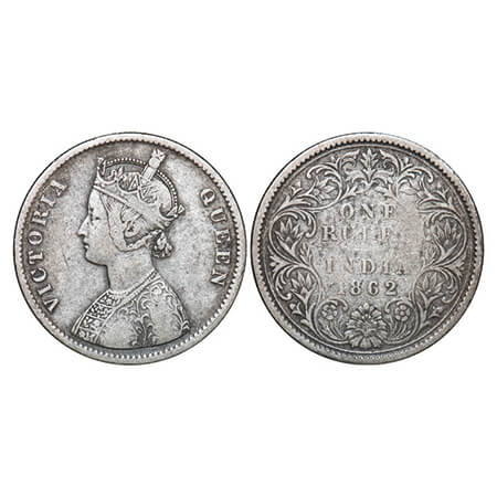 Victoria Queen, Silver, Rupee, 1862, Calcutta Mint, A/III, w/o initial 'J'. GK 254. Very F
