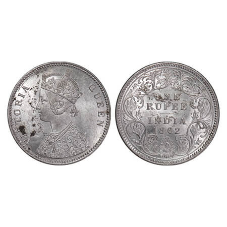 Victoria Queen, Silver, Rupee, 1862, Calcutta Mint, A/I, With initial 'J'. F. Prid 66. GK 