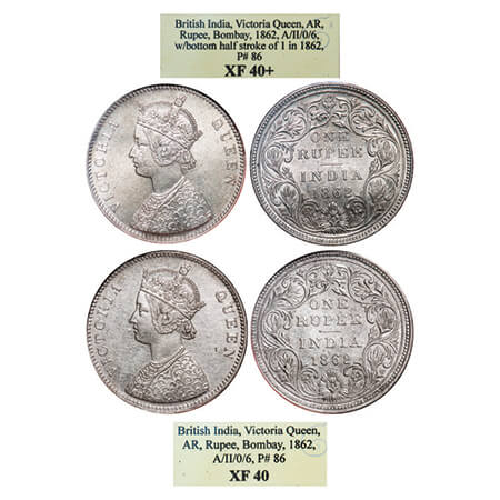Victoria Queen, Silver, Rupee, (2 slabs), 1862, Bombay Mint, A/II/0/6, 1) Complete 'D' in 