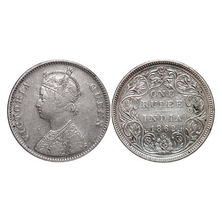 Victoria Queen, Silver, Rupee, 1862, Bombay Mint, A/II/0/10, w/o initial 'J', Placement of
