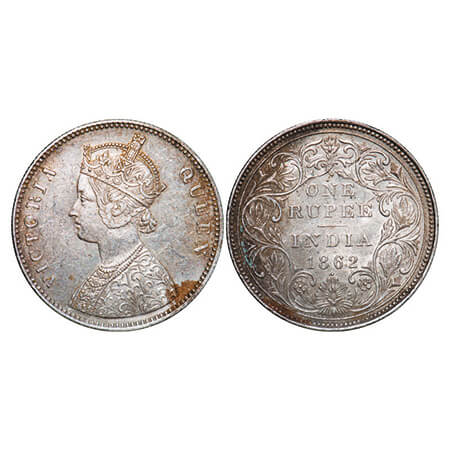 Victoria Queen, Silver, Rupee, 1862, Bombay Mint, A/I/1/1, w/o initial 'J'. GK 348. About 