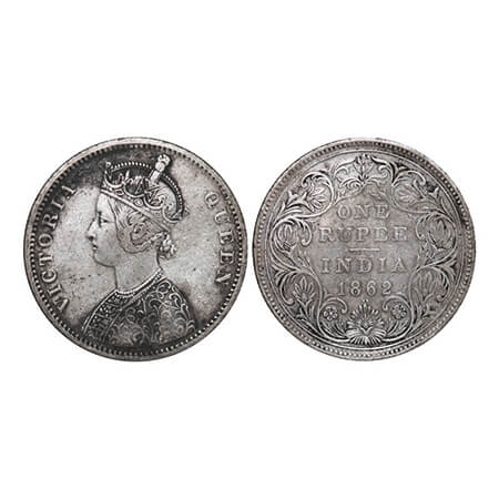 Victoria Queen, Silver, Rupee, 1862, Bombay Mint, A/II/1/2, With initial 'J'. GK 357. Abou
