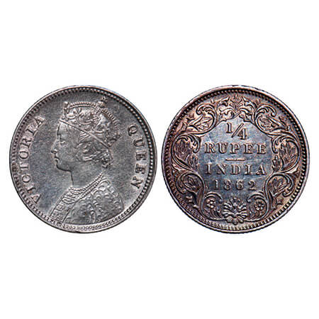 Victoria Queen, Silver, 1/4 Rupee, 1862, Calcutta Mint, A/I. GK 375. Extremely Fine. Scarc