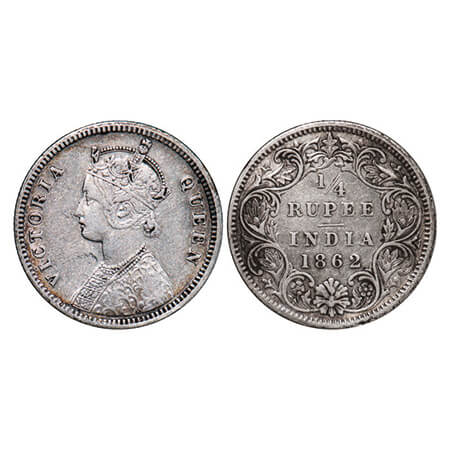 Victoria Queen, Silver, 1/4 Rupee, 1862, Calcutta Mint, A/I. GK 375. Very Fine, Cleaned. S