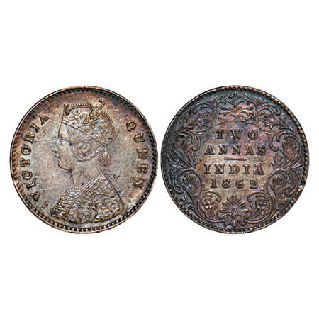 Victoria Queen, Silver, 2 Annas, 1862, Calcutta Mint, A/I, Bottom flower top 3 petals same