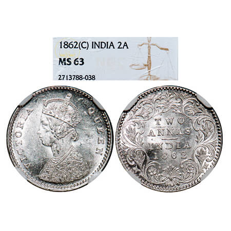 Victoria Queen, Silver, 2 Annas, 1862, Calcutta Mint, A/I. GK 381. NGC Slabbed MS 63. Rare