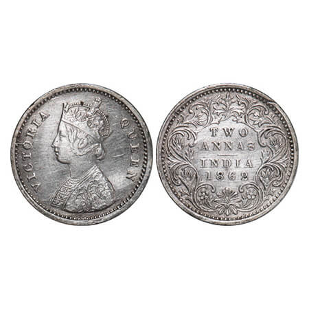 Victoria Queen, Silver, 2 Annas, 1862, Bombay Mint, A/I, Bottom flower center top petal br