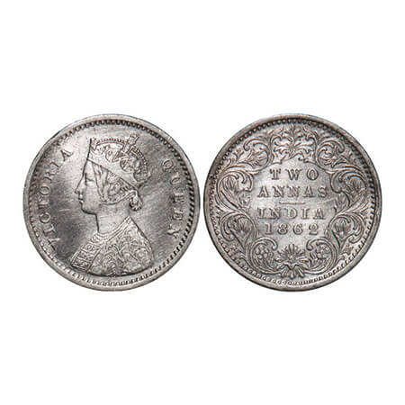 Victoria Queen, Silver, 2 Annas, 1862, Bombay Mint, A/I, Bottom flower centre top petal br